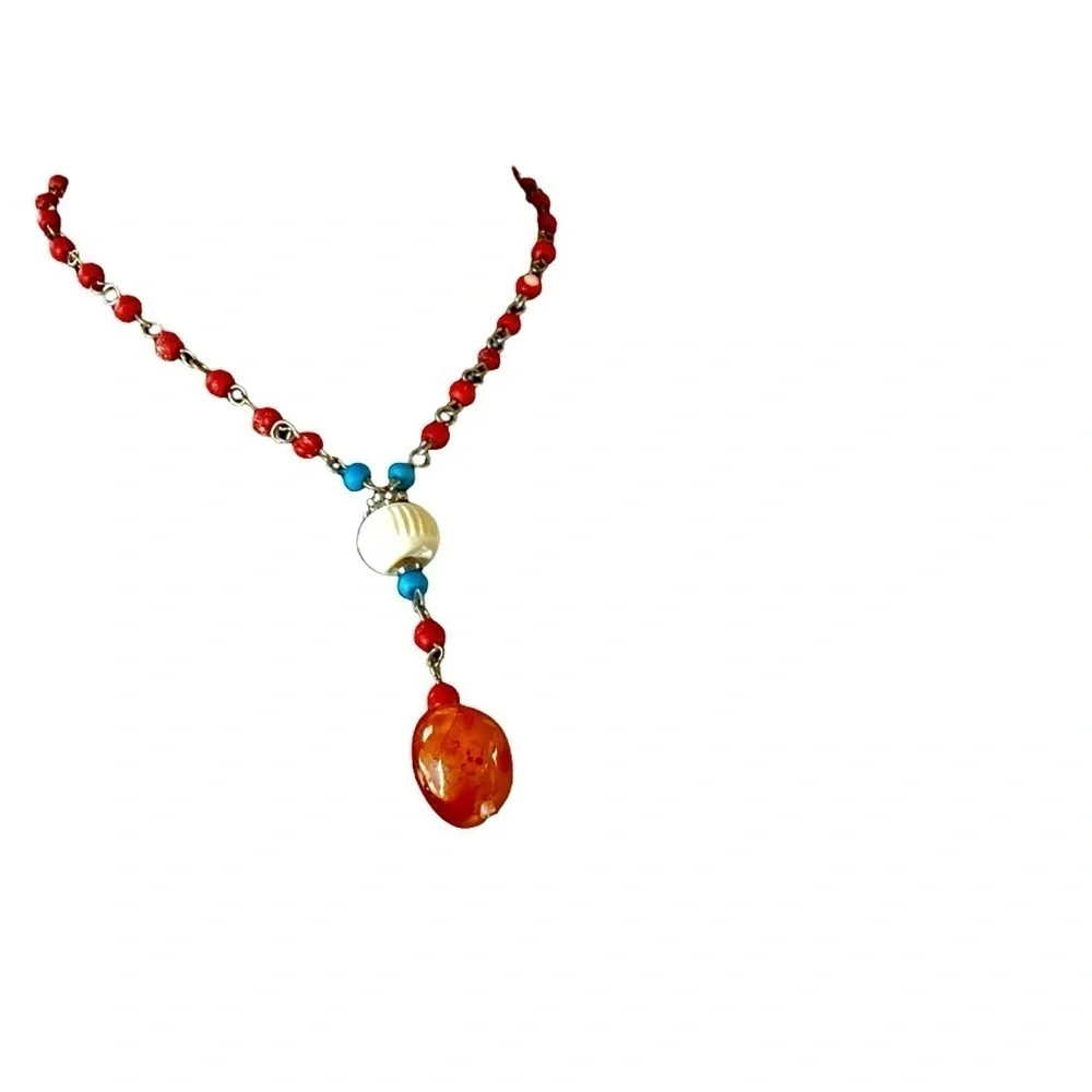 Whimsical Stone & Beaded Necklace Boho Orange & Turquoise Lobster Claw Closure